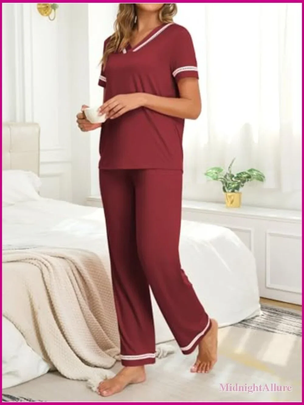 V-Neck Lace Pajama Set with Pockets, Short Sleeve & Wide Leg Pants, Sleepwear